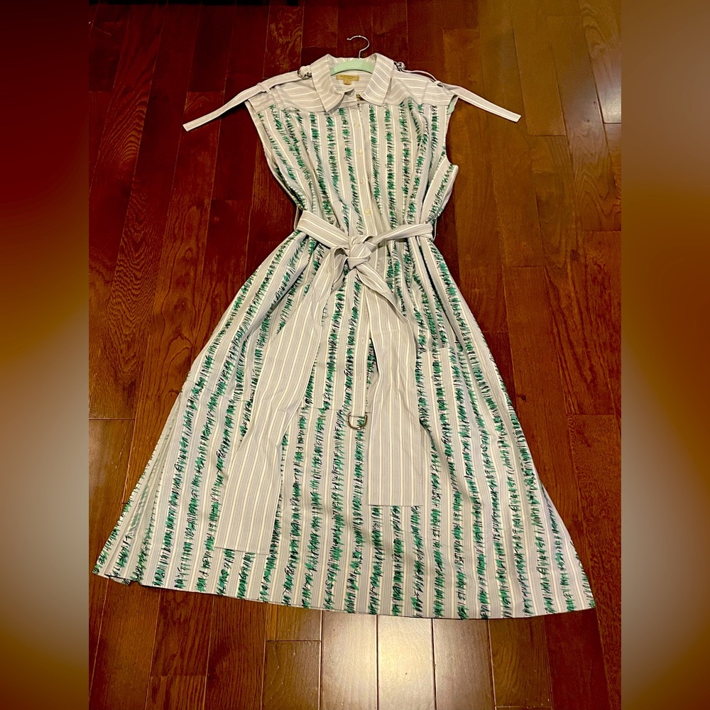 Burberry White and Green Striped Midi Dress